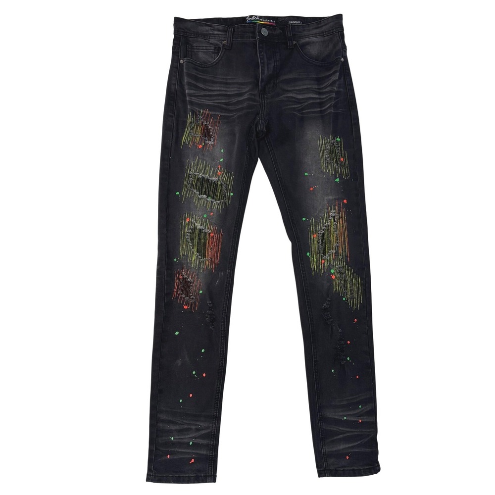 Switch Remarkable Men's Slim Taper Fit Jeans Blk Distressed Paint Splatter 32x32